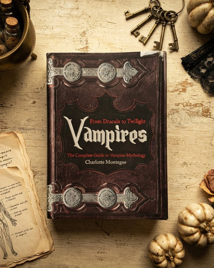 A book titled "Vampires: From Dracula to Twilight" by Charlotte Montague, styled in a flat lay on a rustic wooden table with vintage keys, dried roses, small pumpkins, lace, and an old anatomical diagram.