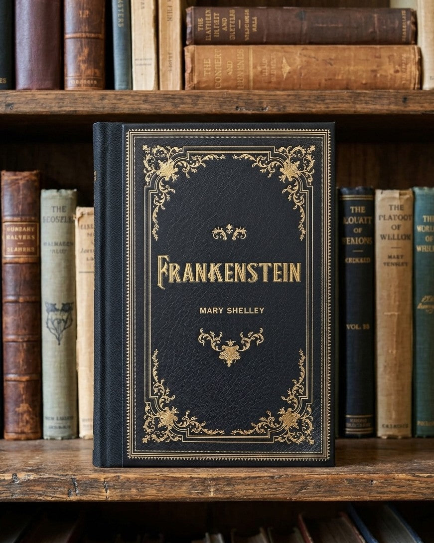 A vintage-style hardcover book titled 'Frankenstein' by Mary Shelley, standing upright on a wooden bookshelf surrounded by antique books.