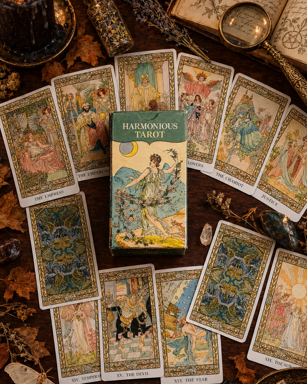 A boxed tarot deck labeled 'Harmonious Tarot' surrounded by several illustrated tarot cards spread on a light surface, with a yellow tassel trim visible at the top edge.