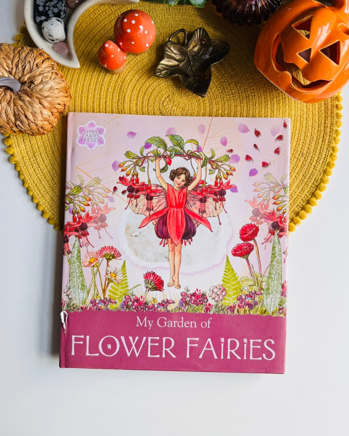 A children's book titled 'My Garden of Flower Fairies' is displayed on a yellow woven placemat with autumn-themed props including a carved pumpkin, small gourds, and a plant.