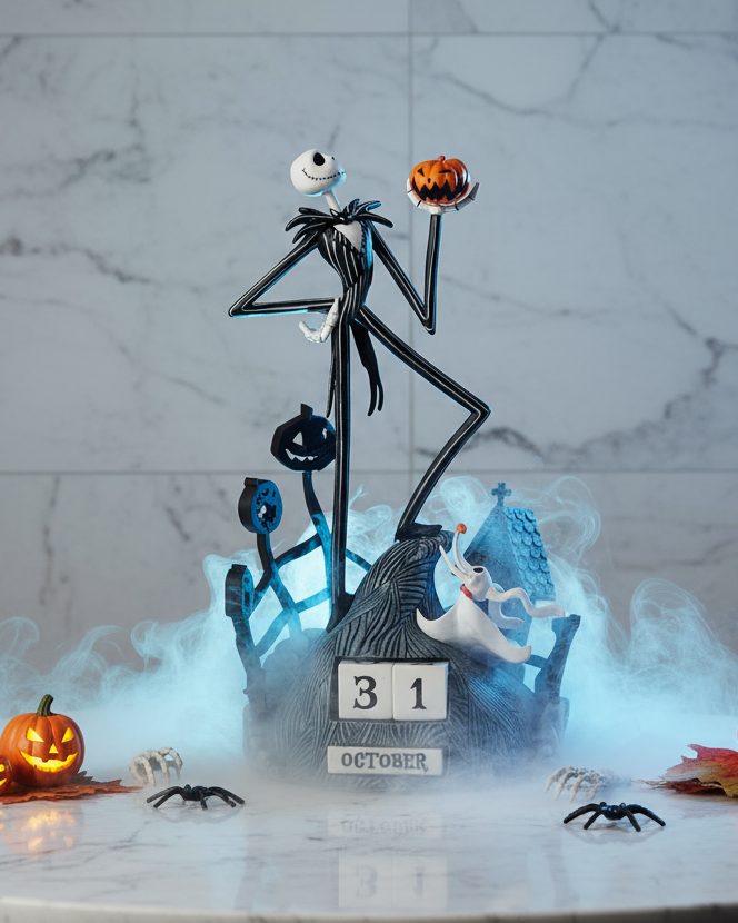 A Jack Skellington Halloween display featuring a collectible figure holding a small orange pumpkin, posed on a tombstone base with a calendar reading 31 October, surrounded by lit jack-o'-lanterns, fog effects, small spiders, and autumn leaves on a marble surface.