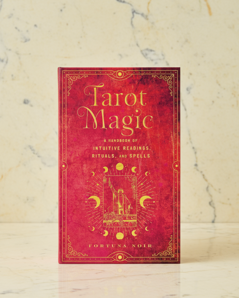 A tarot card deck box titled 'Tarot Magic' by Loretta Noir, standing upright on a light marble surface against a beige marble background. The box is deep red with gold ornate border details and gold lettering.