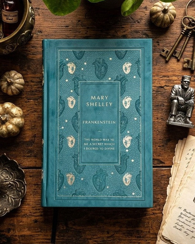 A teal hardcover book of Mary Shelley's Frankenstein is displayed in a styled flat-lay on a rustic wooden table, surrounded by vintage keys, small pumpkins, an open old book, and botanical leaves.