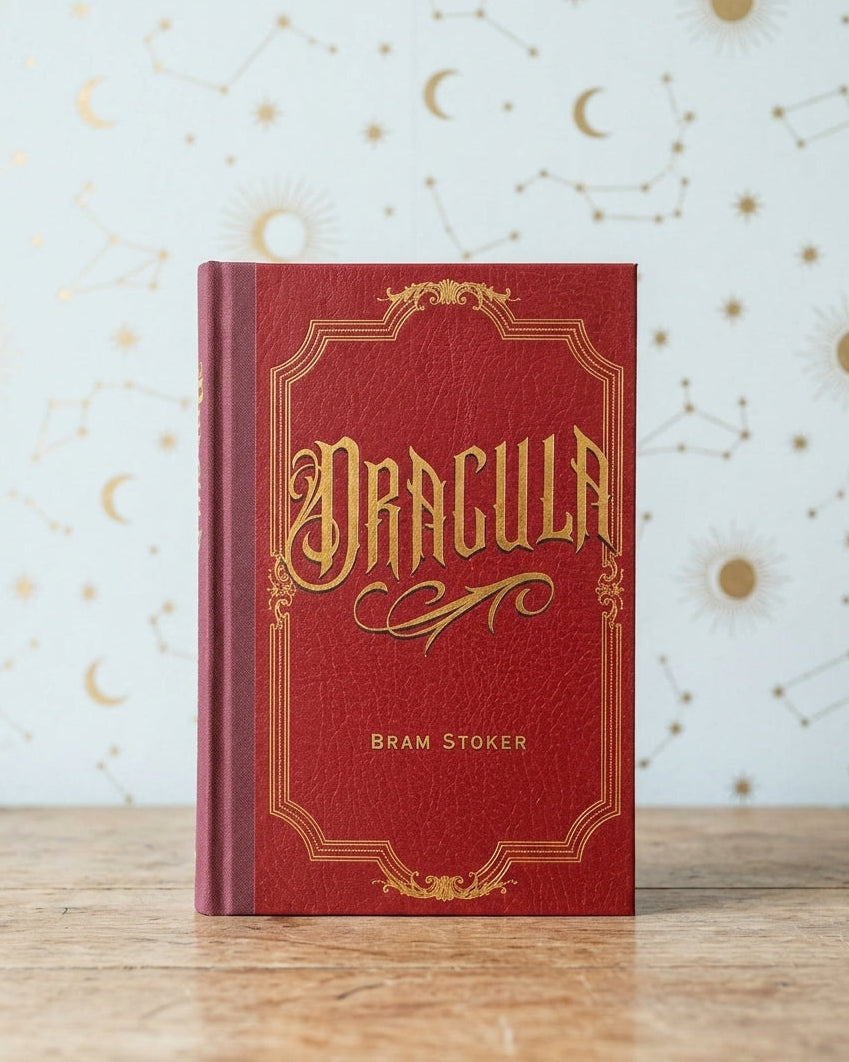 A red hardcover book titled 'Dracula' by Bram Stoker, standing upright on a wooden surface against a light blue background decorated with gold celestial patterns.