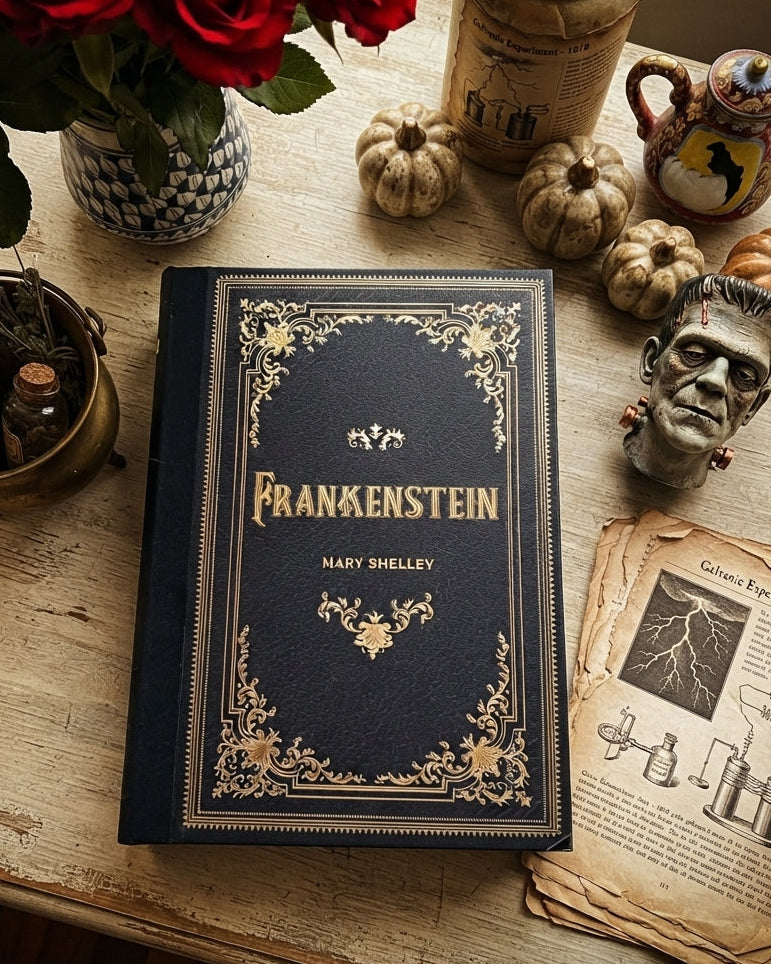 A dark blue hardcover book titled 'Frankenstein' by Mary Shelley, styled on a rustic wooden table with red roses, miniature pumpkins, a small Frankenstein's monster head, an old book, and a teapot.