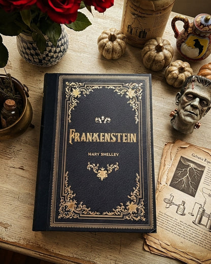 A dark blue hardcover book titled 'Frankenstein' by Mary Shelley, styled on a rustic wooden table with red roses, miniature pumpkins, a small Frankenstein's monster head, an old book, and a teapot.