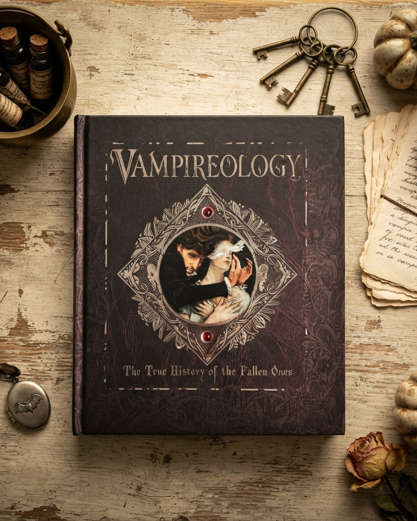 A vintage-style book titled "Vampireology!" lies open on a rustic wooden table surrounded by thematic props including antique keys, dried flowers, small bottles, parchment notes, and miniature pumpkins.