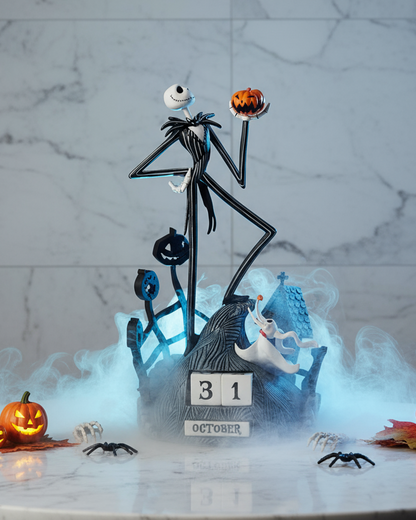A Jack Skellington Halloween display featuring a collectible figure holding a small orange pumpkin, posed on a tombstone base with a calendar reading 31 October, surrounded by lit jack-o'-lanterns, fog effects, small spiders, and autumn leaves on a marble surface.
