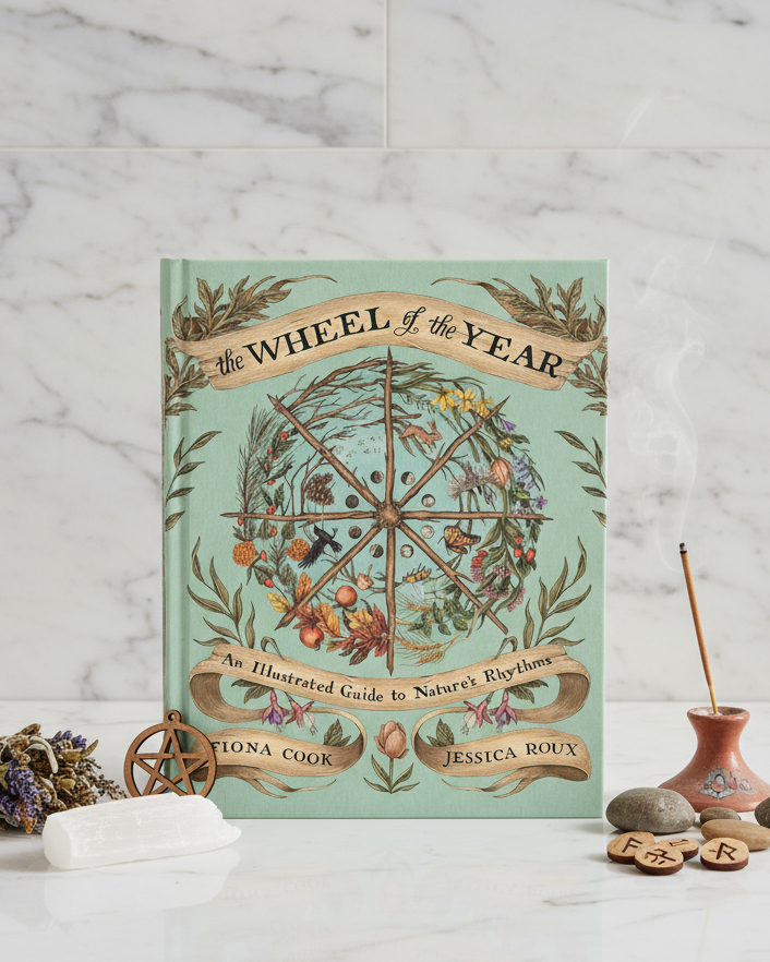 The Wheel of the Year book by Nutrition Cook and Jessica Bouhy, featuring a light mint green cover with an intricate circular astrological wheel illustration. The book is styled on a white marble surface with a marble backsplash, surrounded by decorative props including dried lavender, a white crystal ball, a wooden spoked wheel, a terracotta incense holder with a smoking stick, and wooden letter tokens.