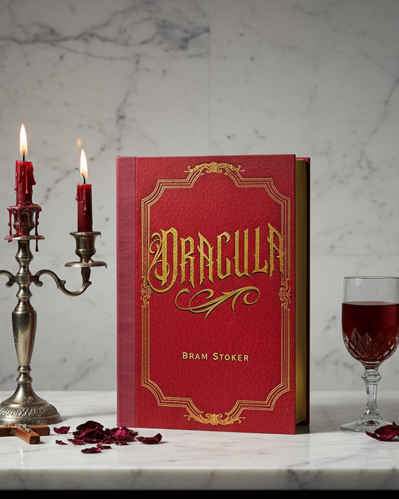 A red hardcover book titled 'Dracula' with gold lettering stands on a white marble surface, flanked by a lit candelabra, a glass of red wine, and scattered red petals against a marble wall.